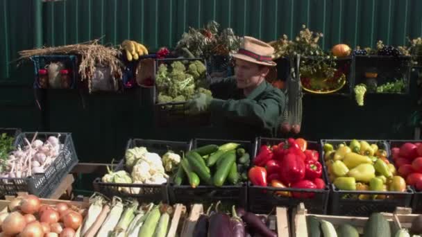 農家の市場でブロッコリー 男性営業担当者がカウンターにブロッコリーの箱を置きます カメラは様々な野菜と一緒に箱に沿ってスムーズに移動します — ストック動画