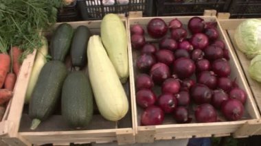 Marketteki sebzeler. Sebze kasaları boyunca düzgün kamera hareketi: patates, lahana, soğan moru, kabak, havuç, maydanoz, biber.