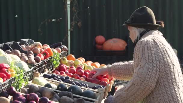 Appels Marktkraam Grootmoeder Neemt Twee Appels Uit Een Doos Boerenmarkt — Stockvideo