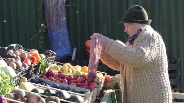 Çiftçi Pazarındaki Büyükannem Büyükannem Elinde Iki Elmayla Bir Torbası Tutuyor — Stok video