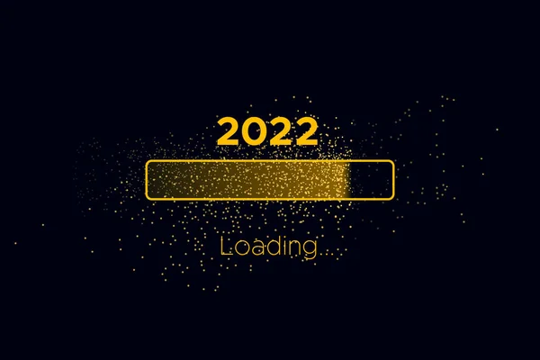 Progress bar arany részecskékkel fekete Töltse le Szilveszter. Animációs képernyő betöltése Glitter konfettivel majdnem eléri a 2022-t. Kreatív ünnepi banner fényes progress bar — Stock Vector