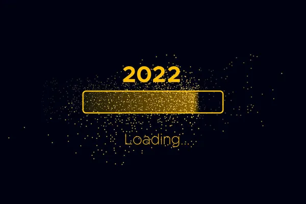 Bar kemajuan dengan partikel emas pada Download Malam Tahun Baru hitam. Memuat layar animasi dengan Glitter confetti menunjukkan hampir mencapai 2022. Spanduk meriah kreatif dengan batang kemajuan mengkilap - Stok Vektor