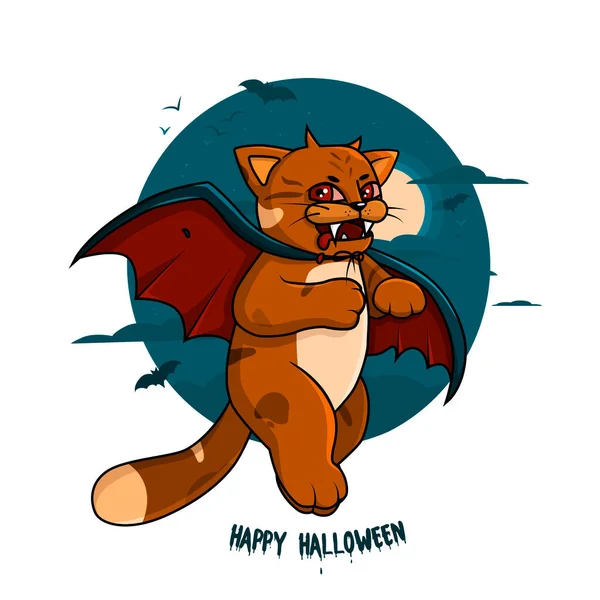 Cute Vampire Cat Texte Joyeux Halloween — Image vectorielle