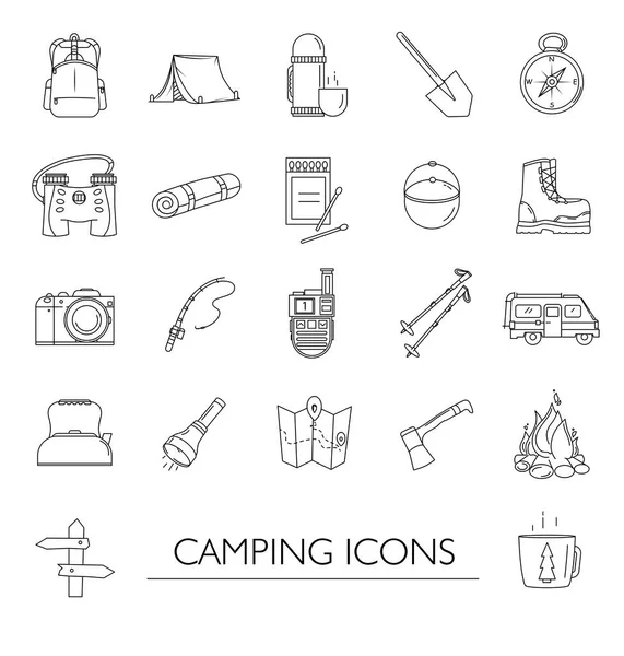 Ensemble Icônes Camping Pique Nique Style Ligne — Image vectorielle