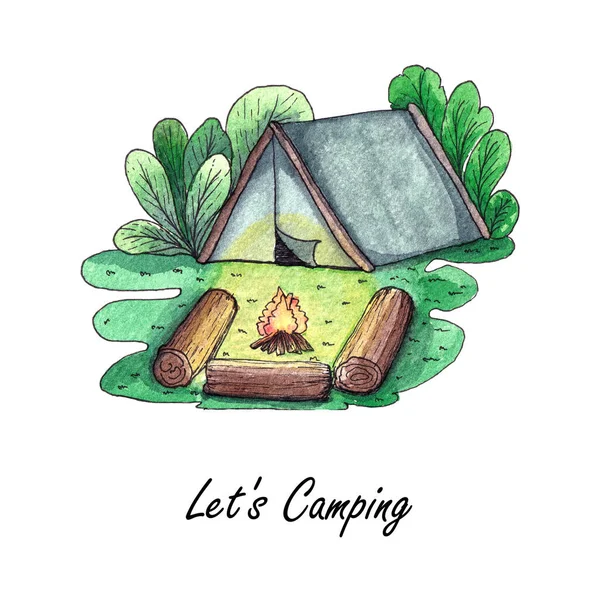 Camping illustration with forest cartoon style round composition with tent campfire,hand draw and painting with watercolour.