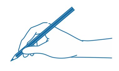 Bir elin kalem, yan, sağ el, çizgi çizimi, mavi.