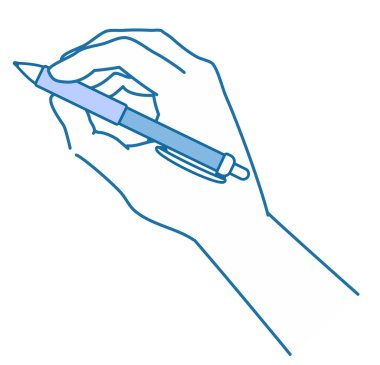 Kalem tutan bir el tasviri, üst taraf, çizgi çizimi, mavi.