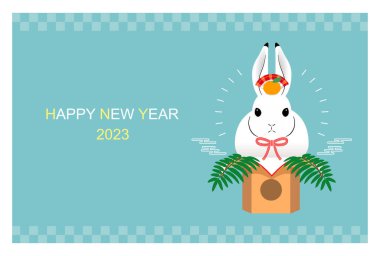 Kagamimochi Tavşan Yeni Yıl kartı, Tavşan Yılı 2023, yatay konum 001-01 _ saat