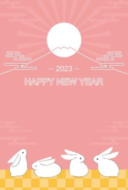 Tavşan ve Fuji Dağı Yeni Yıl kartı - Tavşan Yılı 2023 dikey konumu