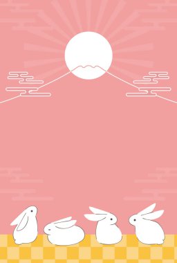 Tavşan ve Fuji Dağı Yeni Yıl kartı - Tavşan Yılı 2023 dikey konum 