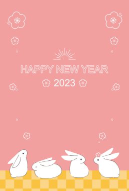 Tavşan ve erik çiçekli yeni yıl kartı, Tavşan Yılı 2023 dikey pozisyonu. 