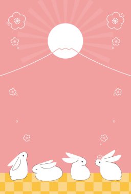 Tavşan, erik çiçeği ve Fuji Dağı 'nın Yeni Yıl tebrik kartı, Tavşan 2023 dikey pozisyonu, metin yok. 