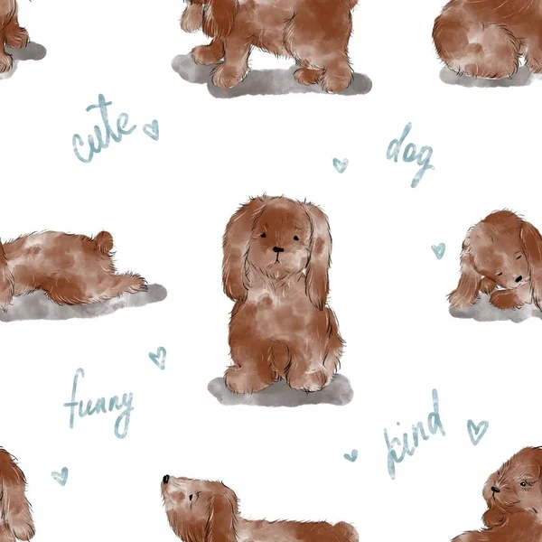 Beyaz arka planda kahverengi köpekleri olan hoş, pürüzsüz bir desen. 