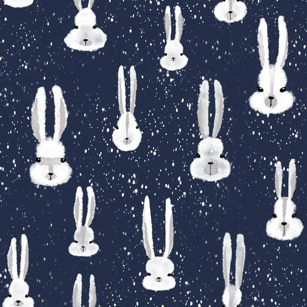 Koyu mavi arka planda beyaz tavşanlı kusursuz bir desen. 