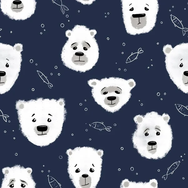 Koyu mavi arka planda beyaz kuzey ayıları ile kusursuz desen 