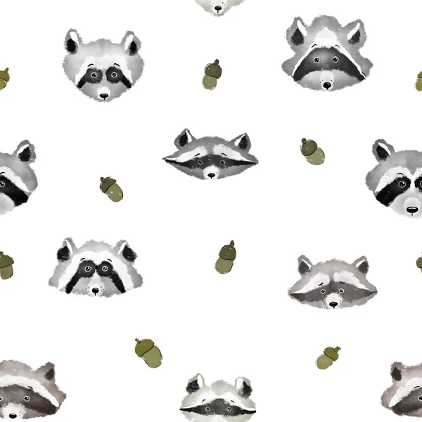 Beyaz arka planda rakunlar ve meşe palamudu olan kusursuz bir desen. 