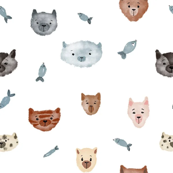 Beyaz arka planda kediler ve balıklarla kusursuz bir desen. 