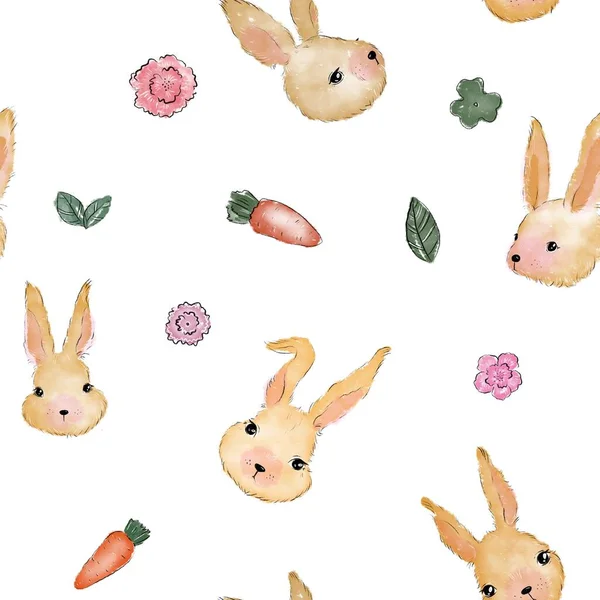Beyaz arka planda şirin Paskalya tavşanı ve havuç desenleri var.