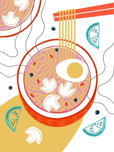 Eet Smakelijke Noedels Soep Abstracte Noedels Garnalen Eieren Gekleurde Japanse — Stockfoto