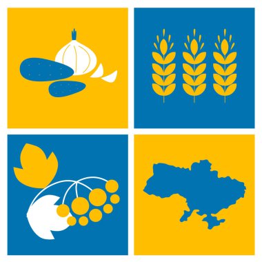 Ukrayna Simge Kümesi. Ukrayna natürmortu, viburyum Ukrayna haritası, buğday mavisi renk teması. Ukrayna İllüstrasyonunu Destekleyin. Vektör karikatür düz çizim. Barış kavramı.