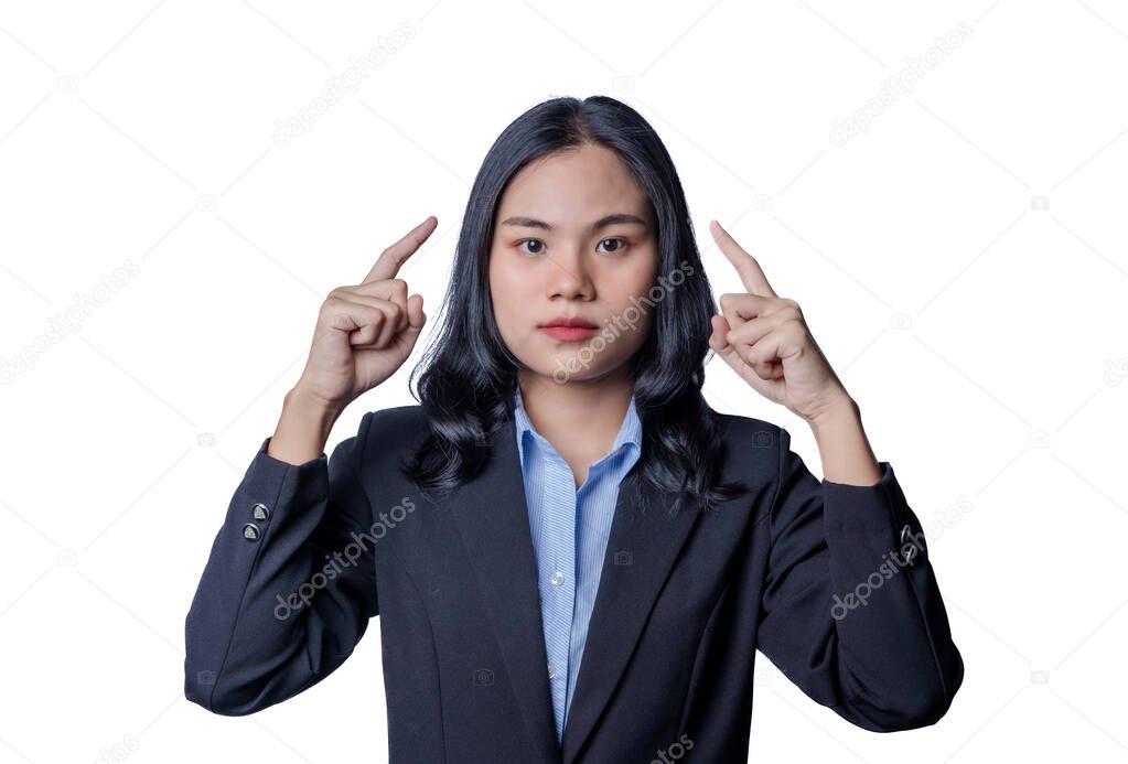 Close-up portrait of confident businesswoman pointing hand as in a gesture of presenting something up with hand to presenting isolated on white background. Female rising a finger up having an idea.