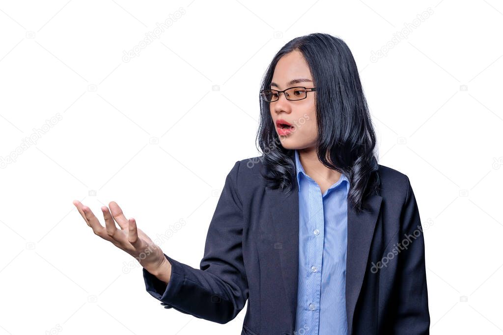 Close-up portrait of confident businesswoman pointing hand as in a gesture of presenting something up with hand to presenting isolated on white background. Female rising a finger up having an idea.