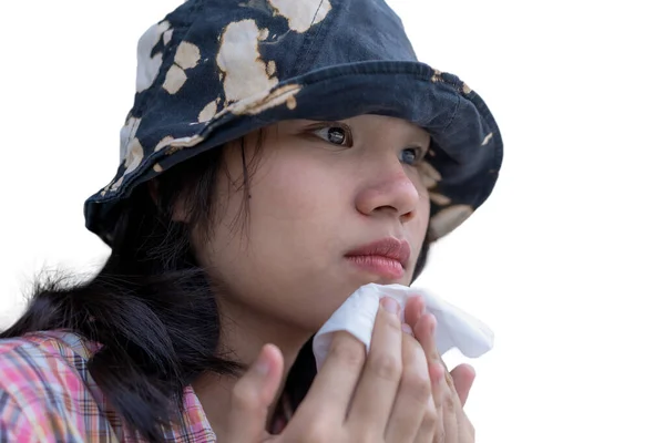 Junge Frau Mit Hut Sitzt Draußen Schöne Asiatische Mädchen Reinigen — Stockfoto