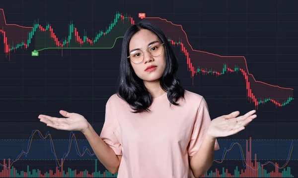 Stressed young investor woman feeling strain with trading against stock market and candlestick graphic on background in Bear Market and trading indicators. Failure economic crisis concept.