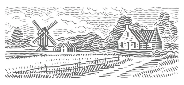 Het Huis Windmolen Landelijke Landschap Monochrome Lijn Graveren Stijl Illustratie — Stockvector