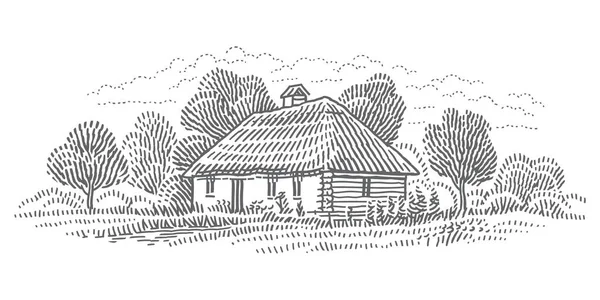 Rural Old Retro Village House Engraving Line Monochromatic Illustration Vector — Stockvektor