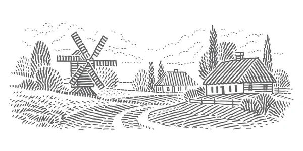 Rural Countryside Scene Old Windmill Traditional Houses Engraving Style Line — Stock vektor