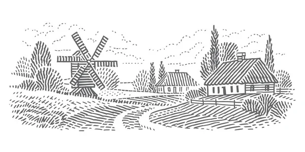 Rural countryside scene with old windmill and traditional houses engraving style line illustration. Vector.