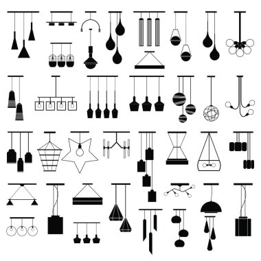 İç mobilya ikonları. Tavan lambası ikonu hazır. Siluet tavan lambaları ev aletleri için iç mobilyalar için. Kolyelerin vektör stok çizimi. Siyah vektör lambaları beyaz üzerine izole.