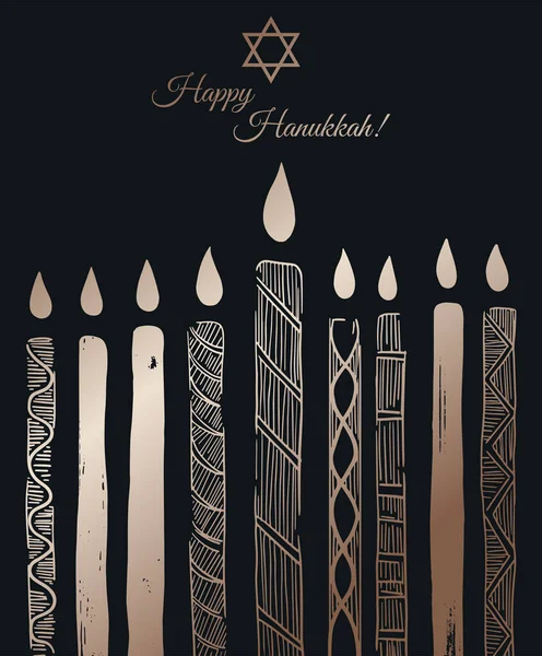 Cartoon Stijl Poster Happy Hanukkah Met Kaarsen Luxe Zwart Goud — Stockvector