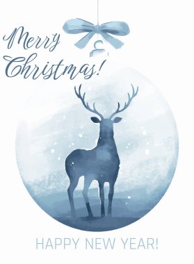  Açık arkaplanda koyu mavi geyik silueti olan yılbaşı kartı.