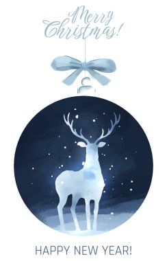  Gece arkaplanında beyaz geyik siluetleri olan noel kartı.