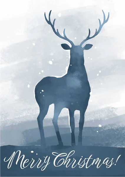 Vánoční Přání Tmavě Modrým Jelenem Silueta Světlém Pozadí Nechat Sníh — Stockový vektor