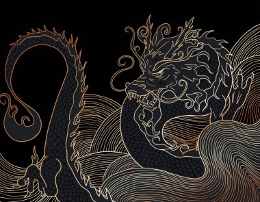  El çizimi Japon vektör ejderhası soyut dalgalar üzerinde siyah ve altın renginde