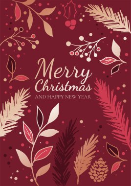  Kaba elle çizilmiş Noel kartı Altın, gümüş ve mavi renkte orman elementleri