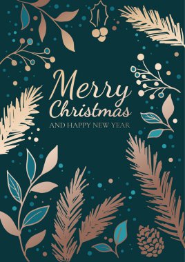  Kaba elle çizilmiş Noel kartı Altın, gümüş ve mavi renkte orman elementleri