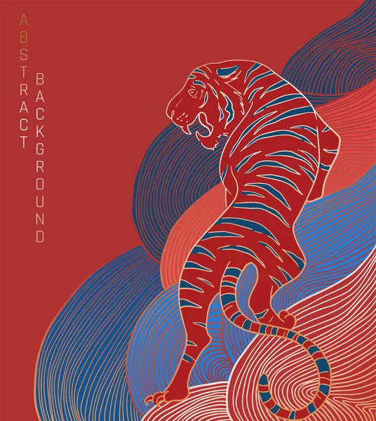 Ilustração Azul Vermelha Dourada Com Tigre Com Padrão Ondas —  Vetores de Stock