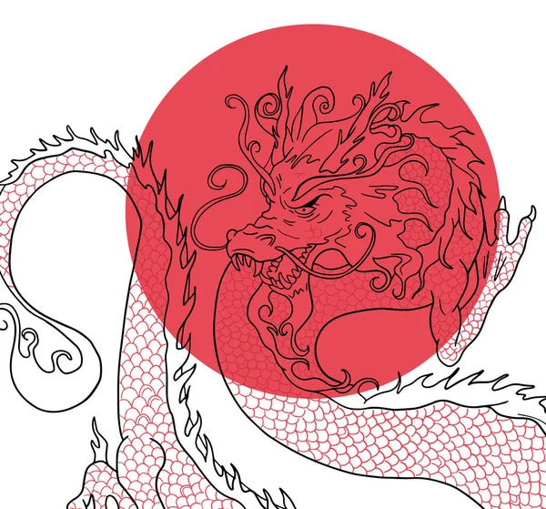 Hand Drawn Long Vector Dragon Red White Colours — Stock vektor