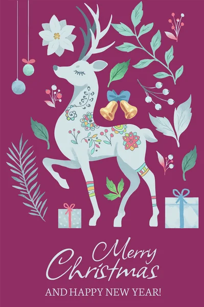 Christmas Card White Cartoon Deer Different Elements Rough Texture Style — Stock Vector