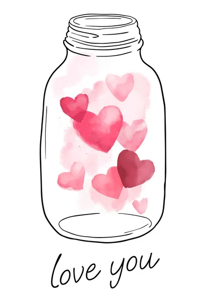 Card Valentine Day Cartoon Bottle Watercolour Hearts —  Vetores de Stock