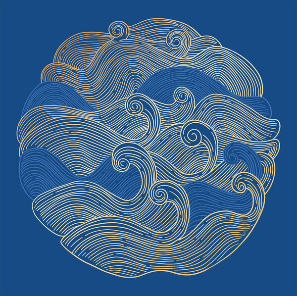  hand drawn illustration waves in round form. blue and gold