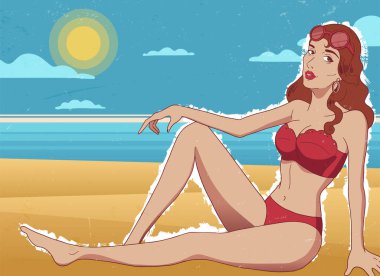  Çizgi film tarzında, yaz plajında mayo giymiş bir kadın resmi.