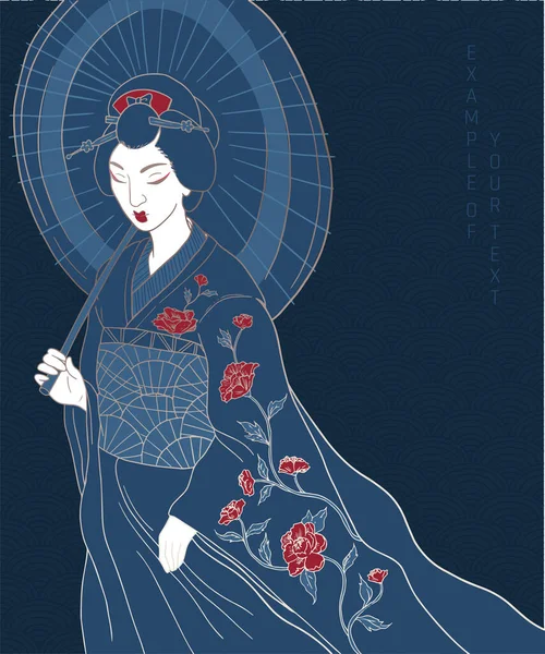 Abstracto Estilo Asiático Retrato Femenino Ropa Tradicional Color Azul Dorado — Vector de stock