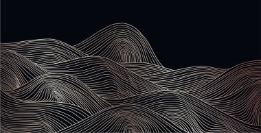 vektör soyut Japon tarzı manzaralar siyah ve altın renkli dalgalar halinde dizilmiştir.