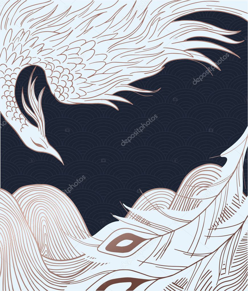  abstract illustration of mythological bird phoenix Fenghuang, black and white