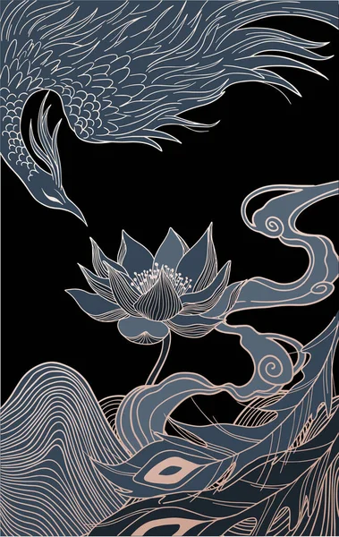 Ilustração Abstrata Ave Mitológica Phoenix Fenghuang Lótus Preto Ouro — Vetor de Stock